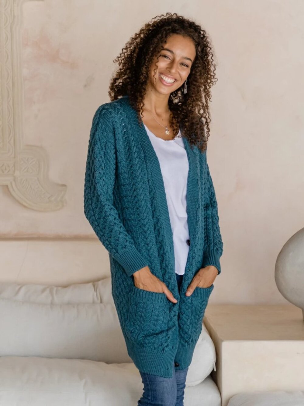 Aran Heritage Irish Merino Wool Boyfriend Cardigan in Teal Size Small NWT